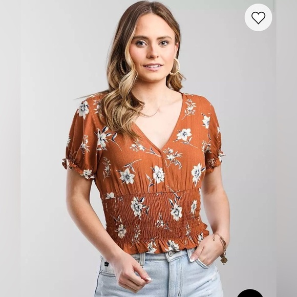 Paper Crane Tops - Buckle Paper Crane Floral Smocked Hem Top-Rust-Size Medium